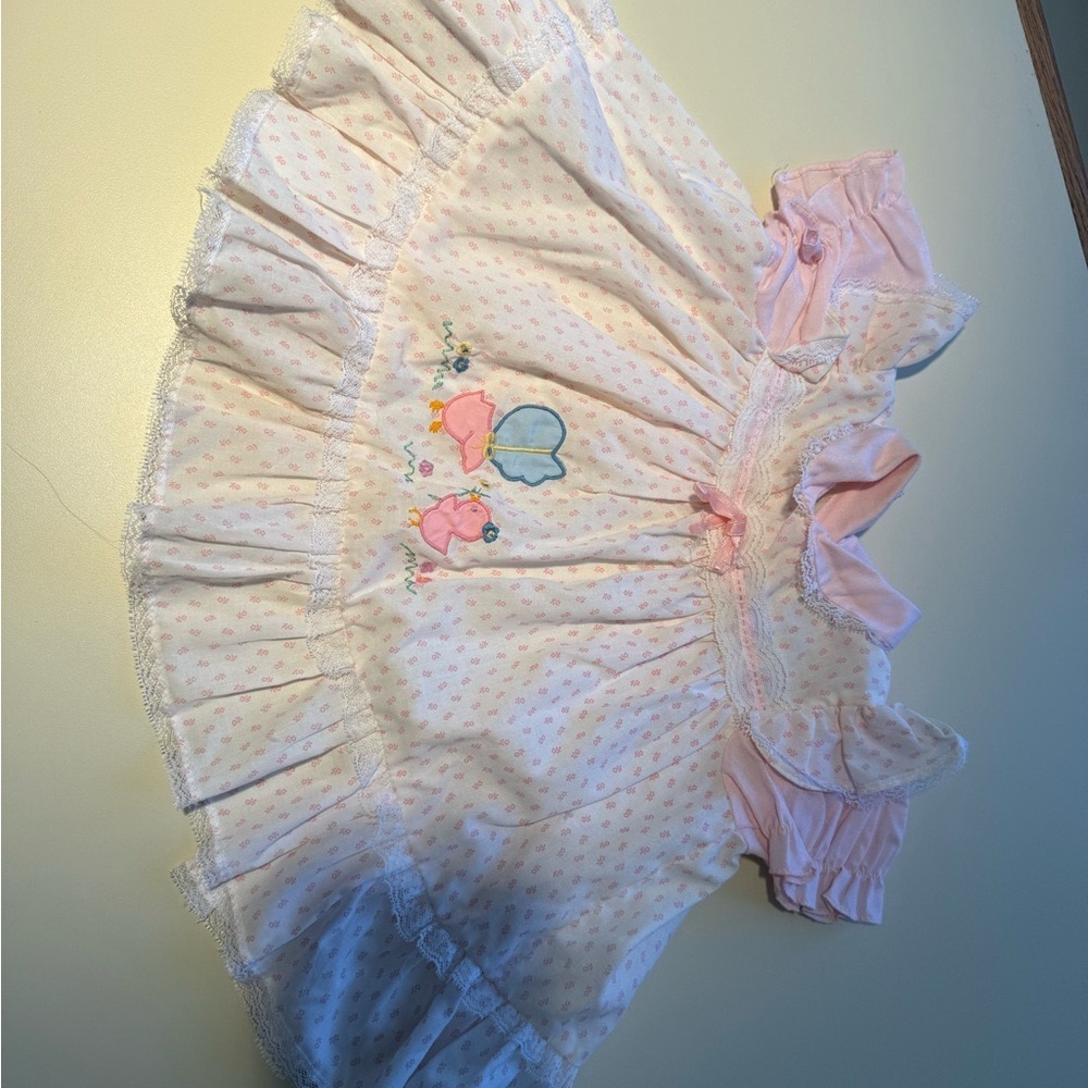 Adorable Vintage Pink and White Baby Dress with Birds and Flowers